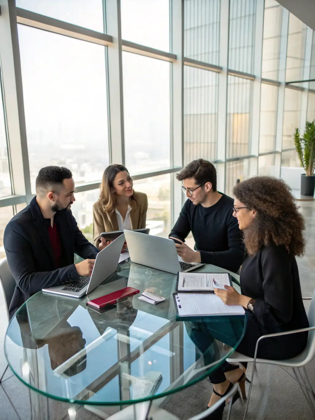 A photograph of a modern office space with people collaborating around a table, representing a technology-enabled business environment.