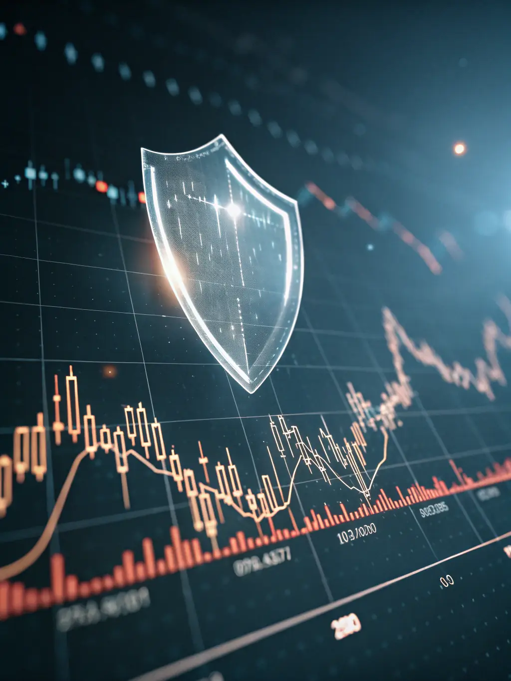 A visual representation of a defensible market position, such as a company logo surrounded by protective barriers.